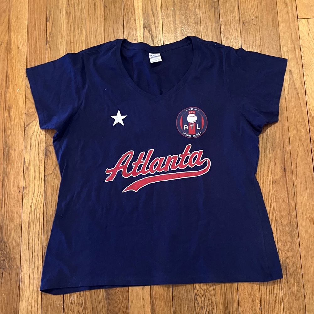 Port & company women’s v neck navy blue Atlanta Georgia baseball tee size xxl